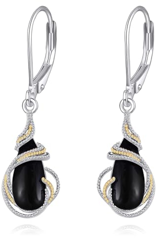 Schwarze Onyx Ohrringe 925 Sterling Silber Schwarze Onyx Leverback Tropfen Hängend Ohrringe Vintage Schmuck für Damen Mädchen