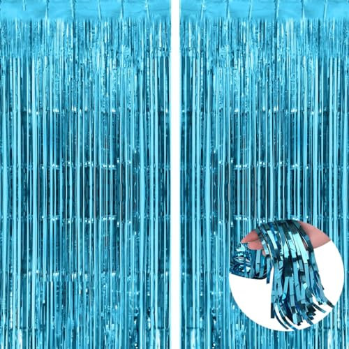2pcs 3.2ft x 6.5ft Foil Fringe Curtain Door Curtains, Metallic Tinsel Curtains Streamers for Birthday Graduation Wedding Engagement Bridal Shower Bachelorette Holiday Party Decoration (Light Blue)