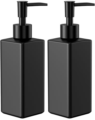 Traxenta Negro Vaso Dispensadores de Jabon, de Dispensador Jabon Baño Ducha, Botes para Gel y Champu Rellenables Baño, Soap Dispenser Pump Bottle, 350ml Cuadrado Cocina Etiqueta Dosificador