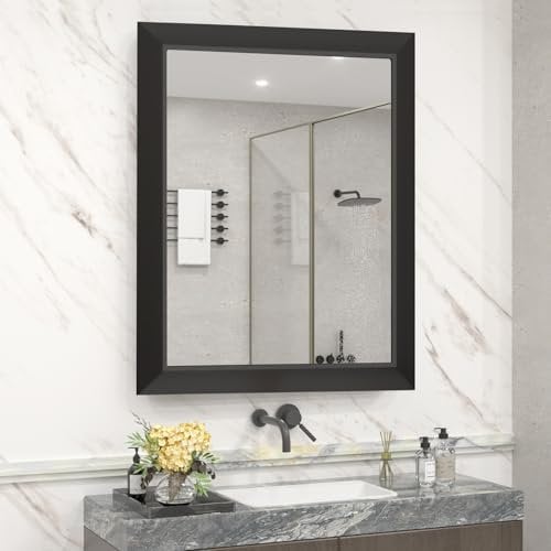 SMIROR Mattschwarzer Badezimmerspiegel für Waschbecken 50,8 x 61 cm, Metall, dicker Rahmen, rechteckiger Schminkspiegel für Wand, rostfrei, horizontal oder vertikal montiert