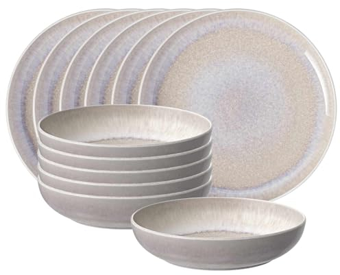 like. by Villeroy & Boch Perlemor Sand Tafelservice 12-teilig, Speiseteller (27 cm) und Pastaschalen (22 cm), Tafel-Set für 6 Personen, Premium Porzellan, Beige