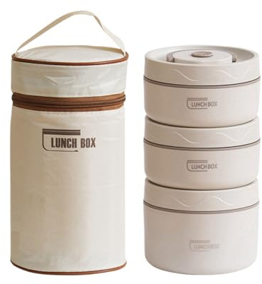 kesurpae Robuste, isolierte Lunchbox aus Edelstahl mit abnehmbarem Innenfutter. Doppelschichtige tragbare Lunchbox, Bento Box, Weiß, 3 Stück + Beutel