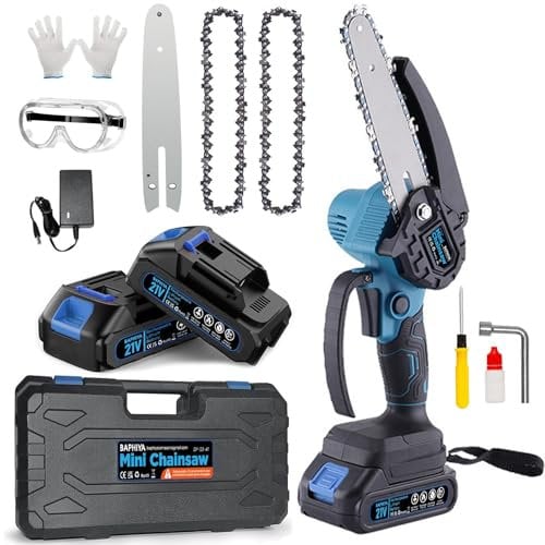 BAPHIYA Mini Chainsaw 6in with Brushless Motor, Cordless Electric Chainsaw with Suitcase 2 Batteries 2 Chains, Small Chainsaw with Safty Lock& Baffel, Powerful Garden Tool for Shrubs Branches Cutting