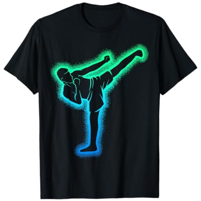 Coole Kampfsport Geschenke Herren, Damen, Unisex Kinder T-Shirt Schwarz Kickboxen Design Cartoon Muster Gekreuzte Rückseite Crew-Ausschnitt Kurzarm Klassisch Unisex-Kinder und Erwachsene S