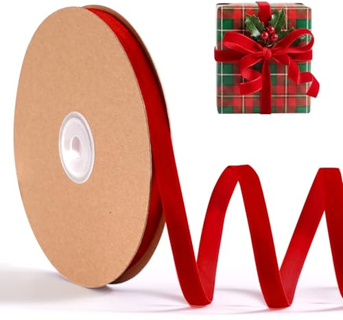 FAKILO Rotes Samtband, 1 cm x 22 Meter rotes Samt perfekt für Kranz, Geschenkverpackungen, Schleifen, Blumenstrauß