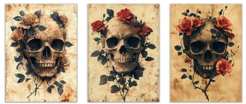 JOSUE Set 3 Teilig Rosa, Grau Halloween Deko Bilder Poster Leinwand Bilder, Halloween-Blumen Bilder Wanddekoration Wohnzimmer Schlafzimmer Wanddeko-50x70cmx3 Ungerahmt