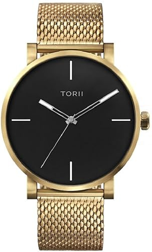 TORII Herrenuhr Schwarz Edelstahl - rund Quarz G45GG.B5 Milanaise-Armband Strichindizes wasserdicht 100 m