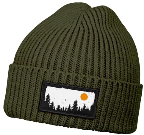 Neverless® Herren Beanie Wintermütze mit Patch Aufdruck Wald Bäume Natur Print Strickmütze Rippstrick