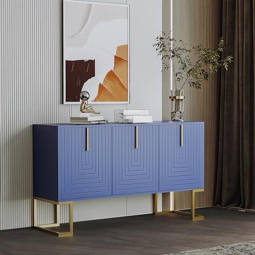 Generisch Aparador moderno de 3 puertas en color azul marino con estantes ajustables, puertas de armario en forma de U y tiradores de metal, ideal para comedor, salón o cocina, hecho de tablero de