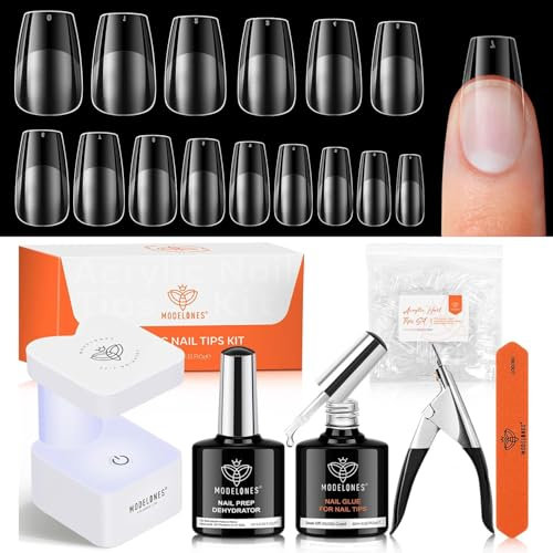 Modelones Gel Nail Kit Short Coffin, Upgrade 510Pcs Fake Nails 15Sizes, 9-in-One Glue Prep Dehydrator & Mini U V Light Clipper, Pre-shaped Half Matte Press on Short Coffin Tips for DIY Salon