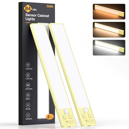 Gritin Lampe de Placard 84 LED, Lumière sans Fil Rechargeable 1800mAh Détecteur de Mouvement, 3 Températures de Couleur & 5 Niveaux de Luminosité, Éclairage LED de Cuisine (2 Pièces),Jaune Crème