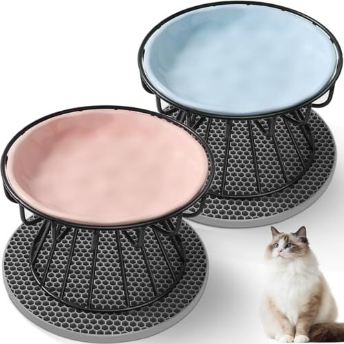 Vikcvcsc 2 Stück Katzennapf Erhöht, Futternapf Katze mit Metallständer, Katzennäpfe mit Napfunterlage Silikon, Katzen Napfset, Katzennapf Keramik, Katzenschüssel - Blau + Rosa