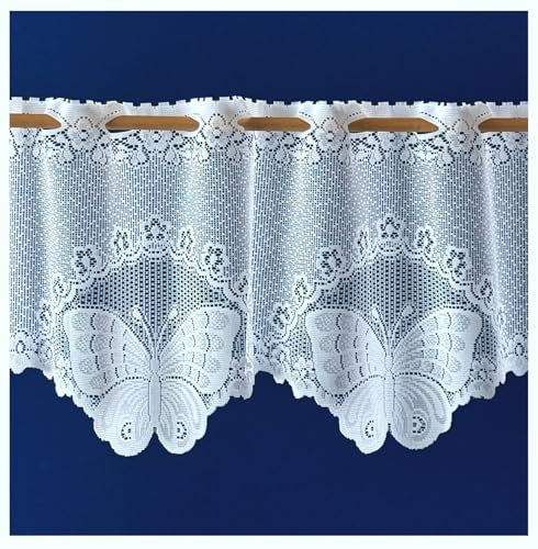 heimtexland ® Scheibengardine Schmetterling Jacquard Deko Gardine durchscheinend weiß Bordüre gebogt Bistrogardine Querbehang Blumen Fensterdeko Küche Butterfly Typ59