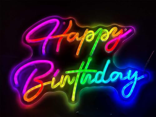 Smart RGB & Color Flow Effect Happy Birthday LED Neon Sign with Remote & App Control Music Sync Timer Setting LED Acrylic Light for Wall Party Décor Bedroom Bar Wedding Home Birthday USB Powered