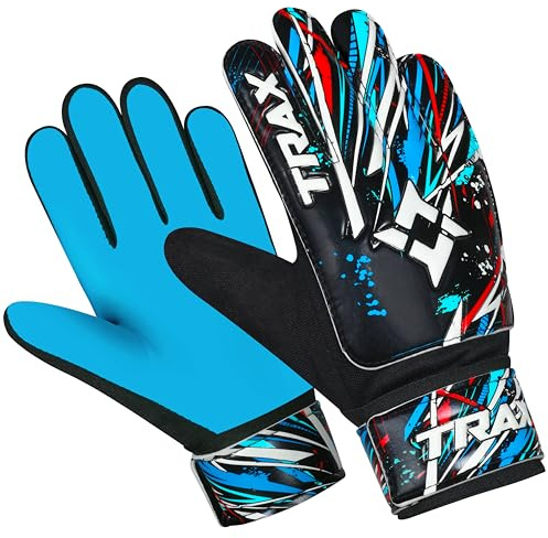 TRAX SPORTS Fußball Torwarthandschuhe für Kinder, Fußballtorwarthandschuhe Kinder mit 4mm Latex doppeltes Handgelenkstütze,starker Halt gepolsterter Handfläche