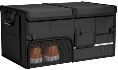 AQCQDQ Kofferraum Organizer, Auto Aufbewahrungstasche, Kofferraumtasche, Rutschfester Boden, Verstellbare Sicherungsriemen, Klappbarer Deckel, aus Filz für Ordnung im Auto (Schwarz,60 L)