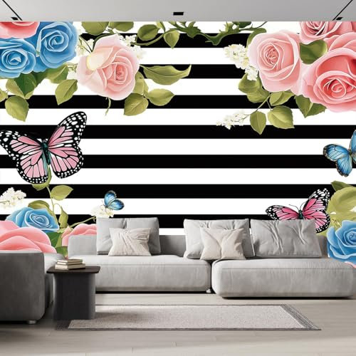 DLERFLOVR Carta da Parati 300x210cm Rosa Rosa Decorazione da Muro Strisce Bianche E Nere Poster Gigante Design Carta per Pareti per pareti Adatto Camere Soggiorno Ufficio
