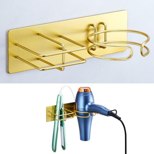 LOXSUN Hair Dryer And Straighteners Holder, Hairdryer Holder Station Wall Mounted & Adhesive, Hair Straightener Holder for Bathroom Salon Dressing Table, Hair Tool Organiser for Curling Iron (Gold)
