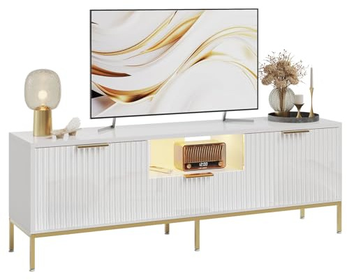 Bestier Fluted TV Stand for 55/60 Inch TVs, Modern Entertainment Center with Storage, Glossy Media Console Table with Wave Pattern for Living Room & Bedroom, White