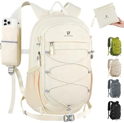 BECOJADDE 20L Kleiner Wanderrucksack Tagesrucksack Herren Damen Leichter Faltbarer Rucksack mit Brustgurt und Rückenbelüftung für Wandern Daypack Travel Rad und Ausflug, Beige