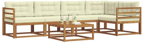 vidaXL Outdoor-Sofagarnitur mit Kissen 6 pcs Natur und Creme, Gartenmöbelset, modernes Patiosofa, Robustes modulares Lounge-Set, Outdoor-Sitzgelegenheit für Garten, Poolbereich, Akazienholz