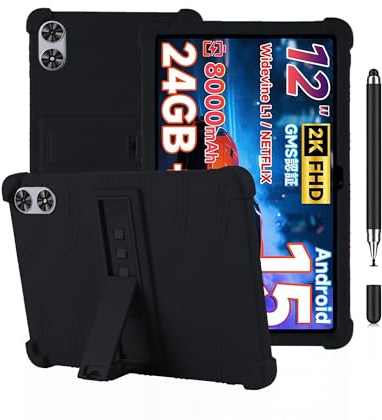 OAZSWGG Case for SVITOO P108 Tablet 12 Inch - Black Shockproof Silicone Cover with Adjustable Stand + Bonus Stylus Pen, Anti-Slip Full-Body Protection