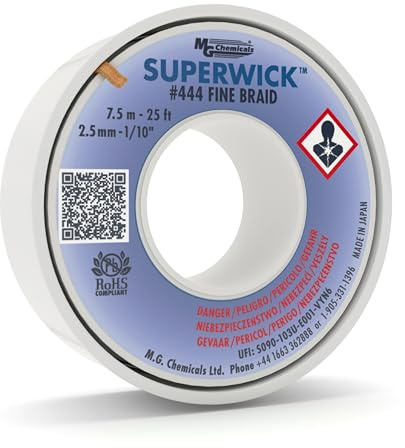 MG Chemicals Desoldering Braid #4 Fine Braid Super Wick with RMA Flux, 25' Length x 0.1 Width, Blue