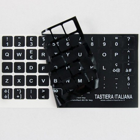 StickersLab - Adesivi Lettere Tastiera Italiano Fondo Nero Lettere Bianche al Centro e Tasti 14mm x 14mm