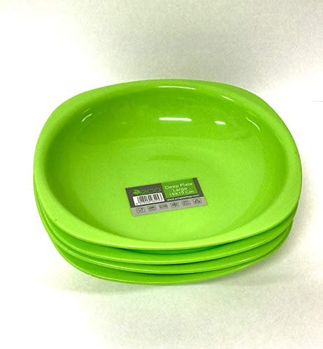ECO 4 Pcs Unbreakable Deep 19 x 19 cm Green Round Plastic Plates | Large High Edge Kids Plates | Stackable Plastic Plate Reusable for Birthdays, Picnic, BBQ & Parties (Green, Large)