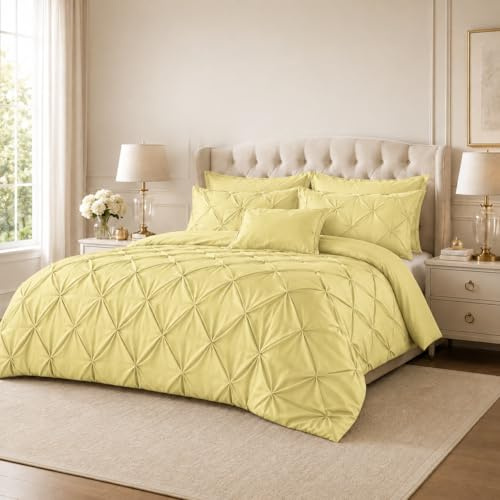 EXQUIZIT HOME Luxuriöses Bettbezug-Set – Alexander Alford Pinch Tuck Pinch Pleat Reversible Diamond Bettwäsche-Set mit passendem Kissenbezug, 2 Stück, 50 % Baumwolle, 50 % Polyester (Zitrone, Kingsize