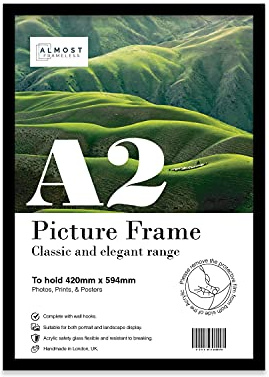 Almost Frameless A2 Black Picture Frame, Fits A2 (42 x 59.4cm - 16.5 x 23.4in) Poster, Photo, or Print. Portrait and Horizontal Wall Hooks