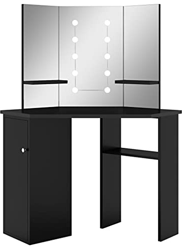 vidaXL Tavolino da Trucco Angolare con LED Nero 111x54x141,5 cm