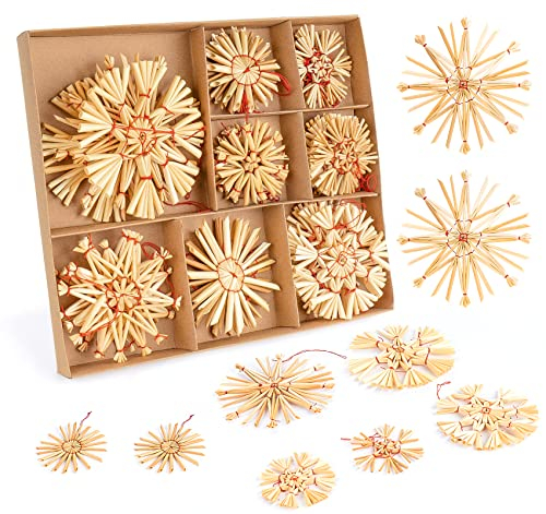 Anstore Strohsterne Weihnachtsbaumschmuck aus Stroh, 32-teiliges Strohsterne Set Christbaum-Schmuck, natürlicher Stroh-Anhänger für den Weihnachtsbaum Weihnachtsdekoration, Ø 6 8 10 cm