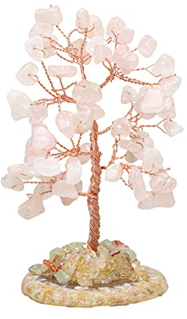 HALUKAKAH Arbre de Cristal Amour Feng Shui Quartz Rose Authentique Pierre Précieuse Arbre de Vie Fait à la Main Branches de Fil de Cuivre Agate Base Bol Chantant Béni 10cm Haut