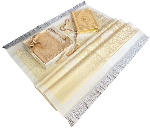Englische Übersetzung Thermo Leder Koran Gebetsteppich und Brot Set, Größe: 20x14x3 cm, Muslimische Geschenke, Tolle Ramadan-Geschenke für Männer und Frauen (Gold, 1 Sets)
