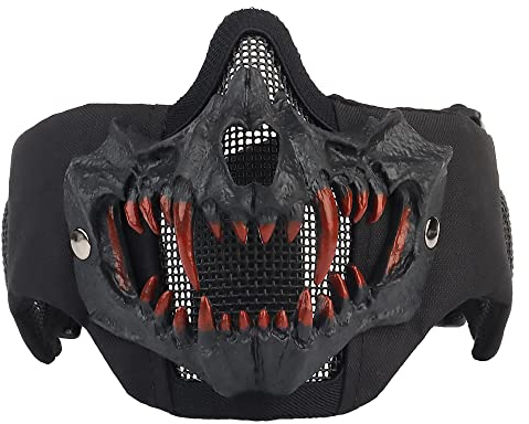 Taktische halbe Gesichtsmaske japanische Zähne Maske Airsoft Mesh Maske Totenkopf Maske mit Ohrenschutz für CS Jagd Paintball Halloween Cosplay