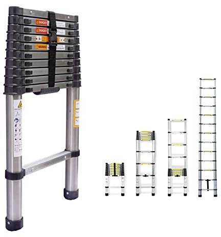 3.2M Multi-Purpose Extension Ladder Stainless Steel Telescoping Folding Ladder 330lbs Max Load Capacity, Portable Sturdy Extendable Ladder Space Saving for Home Office DIY Building Maintenance