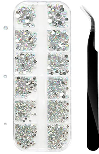 Nail Gems, Flat Back Crystal Rhinestones with Pick Up Tweezer for Nail and Face Art, Craft Decoration, 1500Pcs, 3 Sizes