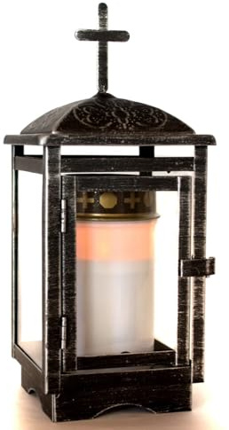 Grab-Laterne aus Metall und Glas Grablicht für Grabkerze. Friedhofs-Laterne Grablampe (Laterne mit LED Kerze Weiß)