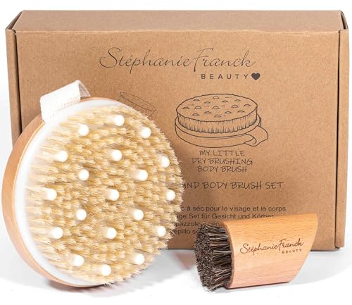 Stephanie Franck Beauty Trockenbürsten Set – Körperbürste mit Naturborsten & Gumminoppen, Gesichtsbürste aus festem Rosshaar – für Dry Brush, Lymphdrainage, Peeling & Cellulite – für strahlende Haut