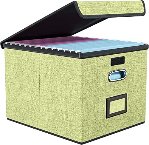 Portable File Organizer Box with Lids, Collapsible Linen Hanging Filing Storage Boxes with Plastic Slide, Decorative Home/Office Filling System for File and Folders Storage (Folders not included)