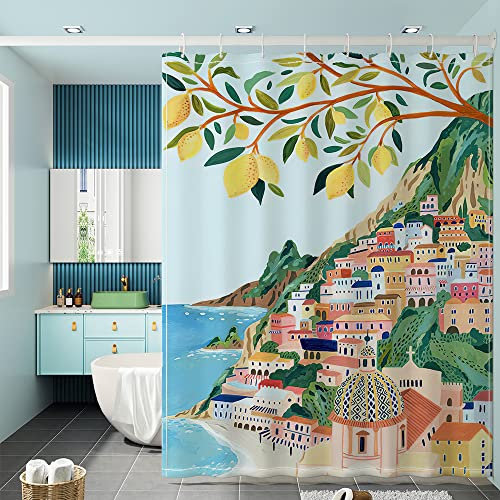 TORYVERESS Italien-Stadt-Positano-Gemälde-Duschvorhang, Polyester, Badezimmer-Vorhänge mit Haken, Morandi-Stil, abstrakt, bunt, dekorativ, luxuriös, wasserdichter Stoff für Bad, 244 x 200 cm