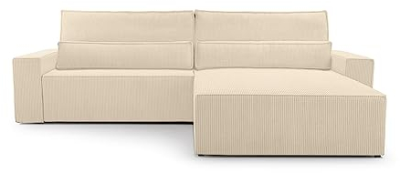 Ecksofa Denver L – Ottomane beidseitig montierbar, Ecksofa aus Cord, Couch für Wohnzimmer, Schlafsofa Sofagarnitur Eckcouch L-Form Cordstoff mit Bettkasten und Schlaffunktion (Poso 105 Beige)