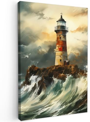 MuchoWow© Leinwände 40x60 cm Wall Decoration Bilder Schlafzimmer Deko Pictures Canvas Painting Wanddekoration Wohnzimmer Maritime - Leuchtturm - Wasser - Meer - Felsen - Ölgemälde