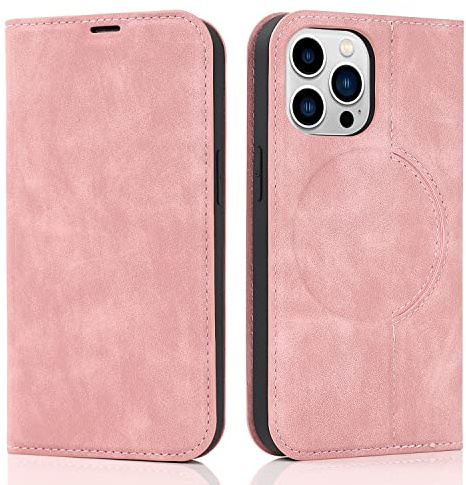 QLTYPRI Wallet Case for iPhone 15 Pro Max 6.7 inch Compatible with Magsafe Charger,Magnetic Flip Folio PU Leather Phone Case with RFID Blocking Card Holder Slots Kickstand Shockproof Cover-Rose Gold
