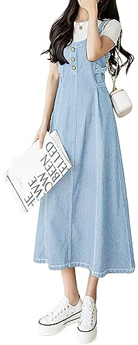 CHARTOU Women's Elegant Straps Back Smocked A-Line Long Skirt Denim Overall Pinafore Dress (Medium, Light Blue)
