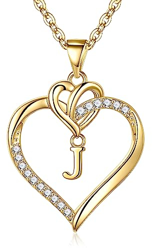 TINGN Gold Kette mit Buchstaben Halskette Damen, Herz Anhänger Kette Gold Damen Buchstaben J Halskette Buchstaben Halskette Damen Personalisierte Geschenke für Frauen Freundin Mädchen Schmuck Damen