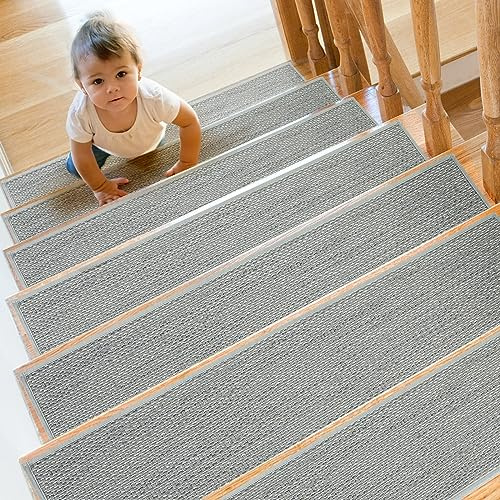 SMILOOL Rutschfeste Stufenmatten für Holztreppen für den Innenbereich, 15 Stück, 20,3 x 76,2 cm, Teppich-Treppenläufer für Holztreppen, Stufenmatten mit wiederverwendbarem Klebstoff, für Hunde,