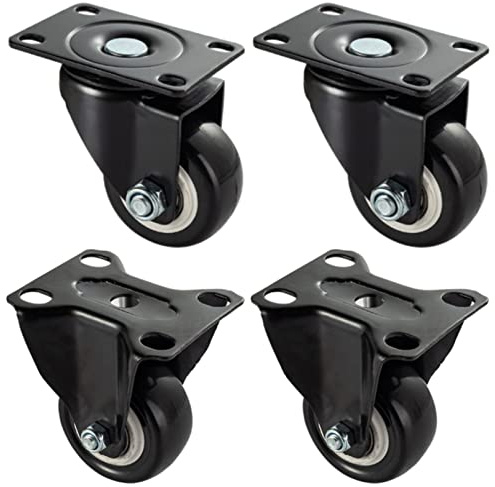 Plattenrollen, 4 Stück Möbelrollen,38mm Rollen für Möbel,Tragkraft Max. 80 KG pro Rollen | Kugellager | Polyurethan | Geräuschlose Schwerlastrollen | Schwarz (2.5/64mm,2xBock+2xLenk)