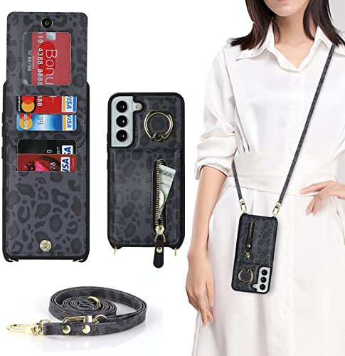 CAVOR Handykette Handyhülle Kompatibel mit Samsung Galaxy S21 Hülle Mit Band,Flip Leder Geldborse Hülle,[4 Kartenfach][Mit Ring][Tasche mit Zipper‌],Handytasche zum Umhängeband - Schwarz Leopard